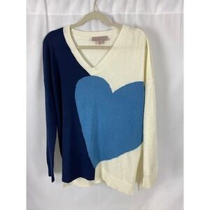 Laurie Felt Blue Cream Heart V Neck Long Sleeve Sweater Cozy Cashmere Blend